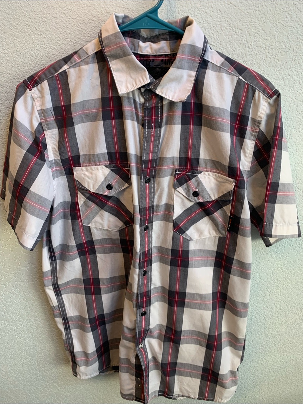 Men's Short-Sleeve Plaid Button-Down Shirt - White, Gray & Red Accent